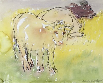 Bullock jovens no Prado, 1983 (caneta e tinta com wc no papel) de Brenda Brin Booker