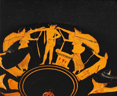 Nike, deusa da vitória, a colocar fitas num jovem atleta junto a um altar ... de Briseis Painter