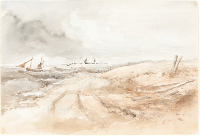 Cena da costa com barcos em águas agitadas de British 19th Century