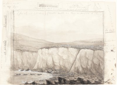 Esboço de barcos perto de um penhasco de British 19th Century