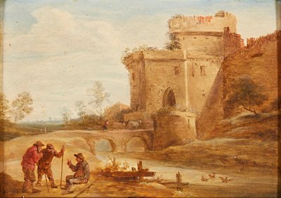 Uma paisagem clássica com figuras e animais em um caminho (óleo sobre tela) de British School