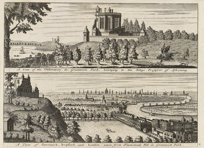 Uma vista do Observatório em Greenwich Park...[e] Uma vista de Deptford e Londres tirada de Flamsteed Hill em Greenwich Park", c.1750 (gravura) de British School