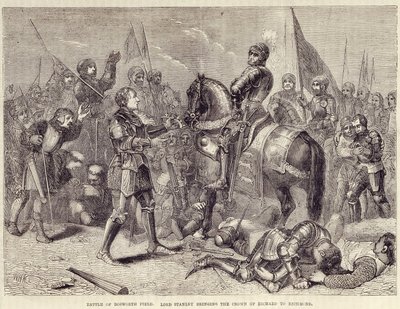 Batalha do campo de Bosworth. Lord Stanley trazendo a coroa de Ricardo III a Richmond (1485): fim da Guerra das Duas Rosas - in "Cassell