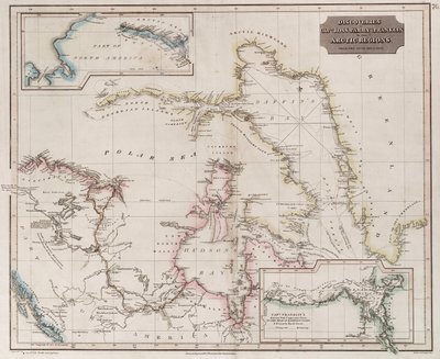 Gráfico das descobertas de Ross, Parry e Franklin no Ártico durante 1818-1827, c.1830 (gravura a cores) de British School