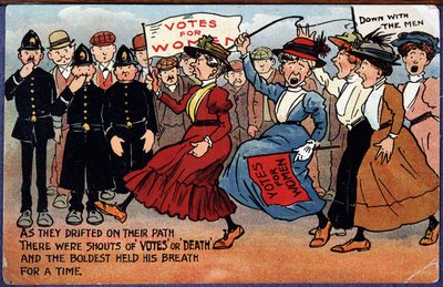Manifestação das sufragistas inglesas - postal ilustrado de British School