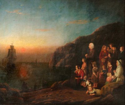 Partida do "Mayflower" em 1620 (óleo sobre tela) de British School