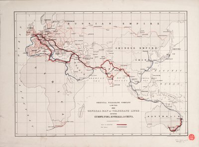 Mapa geral das linhas telegráficas entre a Europa, a Índia, a Austrália e a China de British School