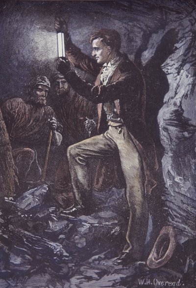Humphry Davy com lâmpada de segurança Davy para mineiros, inventada em 1815 (gravura de madeira colorida à mão) de British School