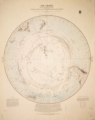 Carta do gelo do hemisfério sul compilada a partir das viagens de Cook 1772-5, Bellingshausen 1819-21... e Shackleton 1908-9 de British School