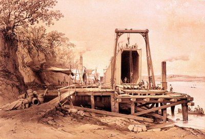 Revolução industrial: instalação de uma ponte pré-fabricada. Gravura de “Britannia and Conway Tubular Bridges”” de British School