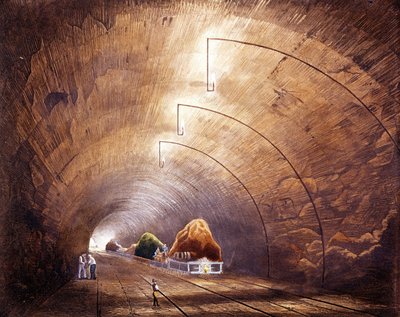 Revolução industrial: túnel ferroviário na linha Manchester - Liverpool. Placa retirada de “” Liverpool and Manchester Railway””, Londres 1832. de British School