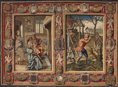 Janeiro e Fevereiro: "Um casal à lareira e um lenhador" Tapeçaria dos fabricantes de Mortlake. Genes do século XVII, Musei di Strada Nuova de British School