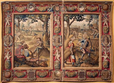 julho e agosto: "trabalhos agrícolas e colheitas" Tapeçaria das manufacturas de Mortlake. Século XVII Genes, Musei di Strada Nuova de British School