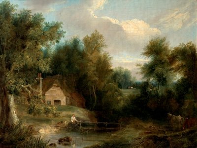 Paisagem, casa de campo e riacho com figura e casa (óleo sobre tela) de British School