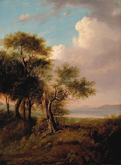 Paisagem, Árvores em Primeiro Plano, Lago e Colinas à Distância (óleo sobre tela) de British School