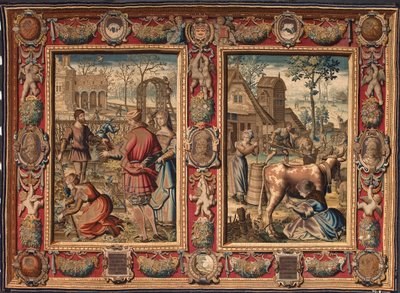 março e abril: "trabalhos agrícolas e ordenha de vacas" Tapeçaria das manufacturas de Mortlake. Século XVII Genes, Musei di Strada Nuova de British School