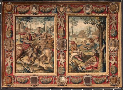 Mês de maio e junho: "caça e ceifa de ovelhas" Tapeçaria das manufacturas de Mortlake. Século XVII Genes, Musei di Strada Nuova de British School