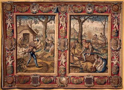 Novembro e Dezembro: "trabalho agrícola e abate de suínos" Tapeçaria dos fabricantes de Mortlake. Genes do século XVII, Musei di Strada Nuova de British School