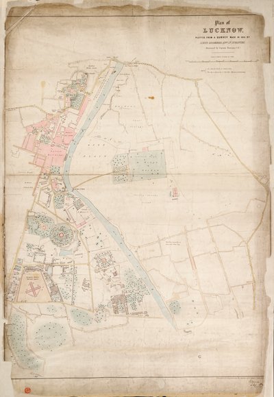 Plano de Lucknow, traçado a partir de um levantamento efectuado em 1856, pelo Tenente Moorsom, 52º. Tenente de Infantaria. (Apresentado pelo Capitão Moorsom, C.E.), c.1856 (seda, papel) de British School