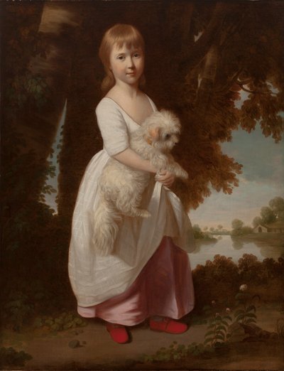 Retrato, menina, segurando, maltês, spaniel de British School