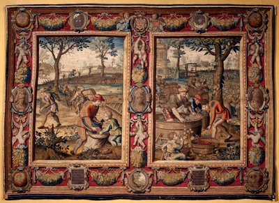 setembro e outubro: "trabalho agrícola e colheita" Tapeçaria das manufacturas de Mortlake. Século XVII Genes, Musei di Strada Nuova de British School