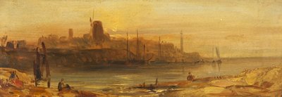 Pôr-do-sol: Seaport and Lighthouse, c.1825 (óleo sobre papel colocado sobre lona) de British School