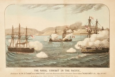 O combate naval no Pacífico, entre os HMS "Shah" e "Amethyst" e o Rebelde peruano, Ironclad Turret Ram Huascar ao largo de Ilo, 29 de maio de 1877 de British School