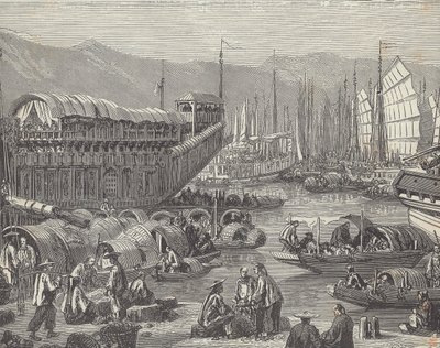Navios no porto movimentado, Xangai, China (gravura) de British School