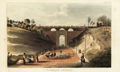 Vista dos condutores de gado bovino e ovino que conduzem para o mercado Smithfield sob o arco do monte Highgate de British School