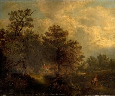 Cena da floresta com riacho e chalés (óleo sobre tela) de British School