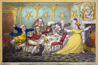 Companhia chocada com uma senhora se levantar para tocar o sino, pub. H. Humphrey, Londres, 1804 (gravura colorida à mão) de Brownlow North