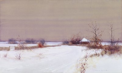 Cena da Neve no País, c.1890 (wc e guache sobre papel) de Bruce Crane