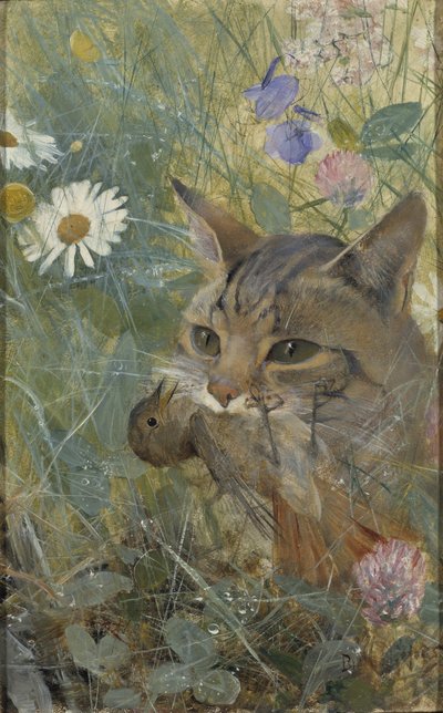 Um gato com um pássaro jovem em sua boca, 1885 de Bruno Andreas Liljefors