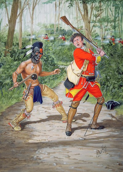 Um guerreiro Huron contra um soldado do 44º Regimento de Infantaria em 1755, de um conjunto de seis quadros de Bryan Fosten