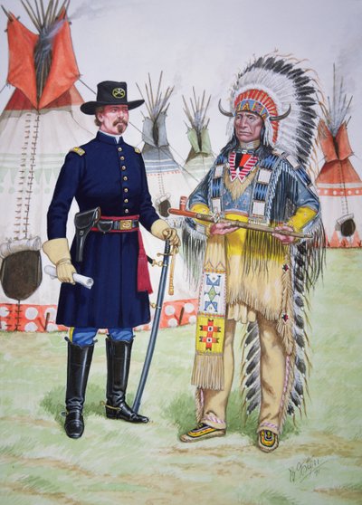 O chefe Red Cloud dos Oglala Sioux oferece o cachimbo da paz a um oficial do 5º Regimento de Cavalaria dos EUA aquando da assinatura do Tratado de Fort Laramie de 1868, de um conjunto de seis quadros de Bryan Fosten