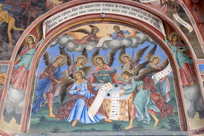 Bulgária, Mosteiro de Rila, fresco de anjo na igreja da Natividade da Virgem de Bulgarian School