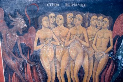Bulgária, Mosteiro de Rila, fresco na igreja da Natividade da Virgem de Bulgarian School