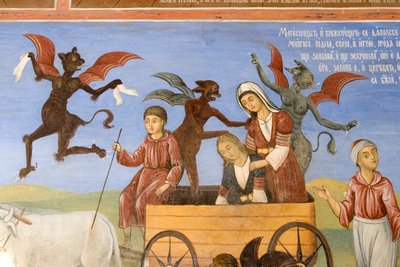 Bulgária, Mosteiro de Rila, fresco na igreja da Natividade da Virgem de Bulgarian School