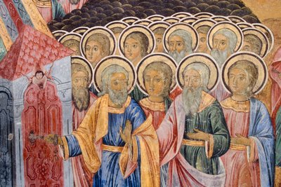 Bulgária, Mosteiro de Rila, fresco na igreja da Natividade da Virgem de Bulgarian School