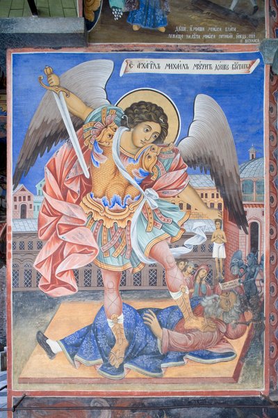 Bulgária, Mosteiro de Rila, fresco de São Miguel Arcanjo na igreja da Natividade da Virgem de Bulgarian School