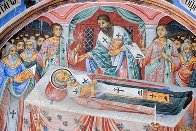Bulgária, Mosteiro de Rila, fresco funerário na igreja da Natividade da Virgem de Bulgarian School