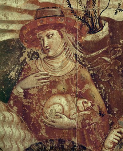 Uma senhora elegante com um pequeno cão nos braços ... (fresco) de Buonamico Buffalmacco