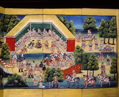 Mérito fazendo cena, página de um manuscrito de Burmese School