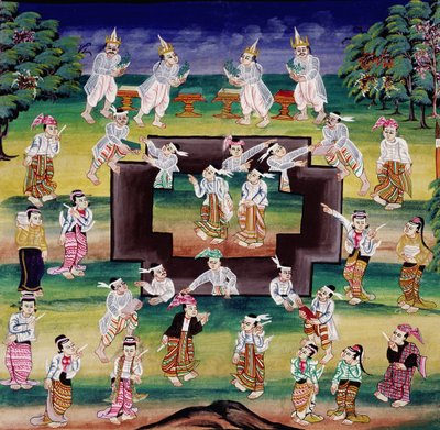 Mérito fazendo cena, página de um manuscrito de Burmese School