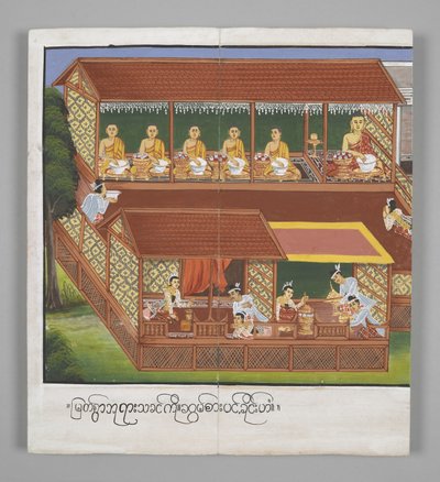 Ou. 13534, f.18, Monges com taças, Cenas da Vida de Buda (pergaminho) de Burmese School