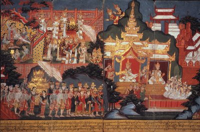 Ou 14297 fol.6-7 The Birth of the Future Buddha, c.1800-20 (gouache em papel) de Burmese School