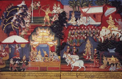 Ou 14297 fol.8-9 The Future Buddha Grows Up, c.1800-20 (gouache em papel) de Burmese School