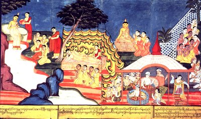 Ou 14298 fol.16-17 The Buddha Bathes, c.1800-20 (gouache em papel) de Burmese School
