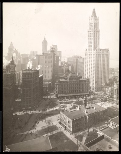 Vista aérea do City Hall Park, da Prefeitura e dos Correios (impressão em gelatina de prata) de Byron Company