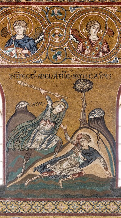 Abel é morto por Caim, mosaico bizantino, Ciclo do Antigo Testamento-Paraíso terrestre, século XII-XIII (mosaico) de Byzantine